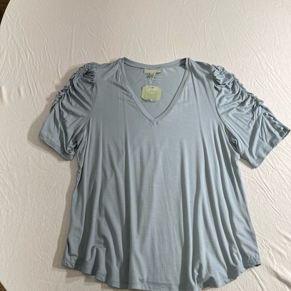 Ryegrass Sky Blue V-Neck Ruched Sleeve Top - Picture 3 of 8